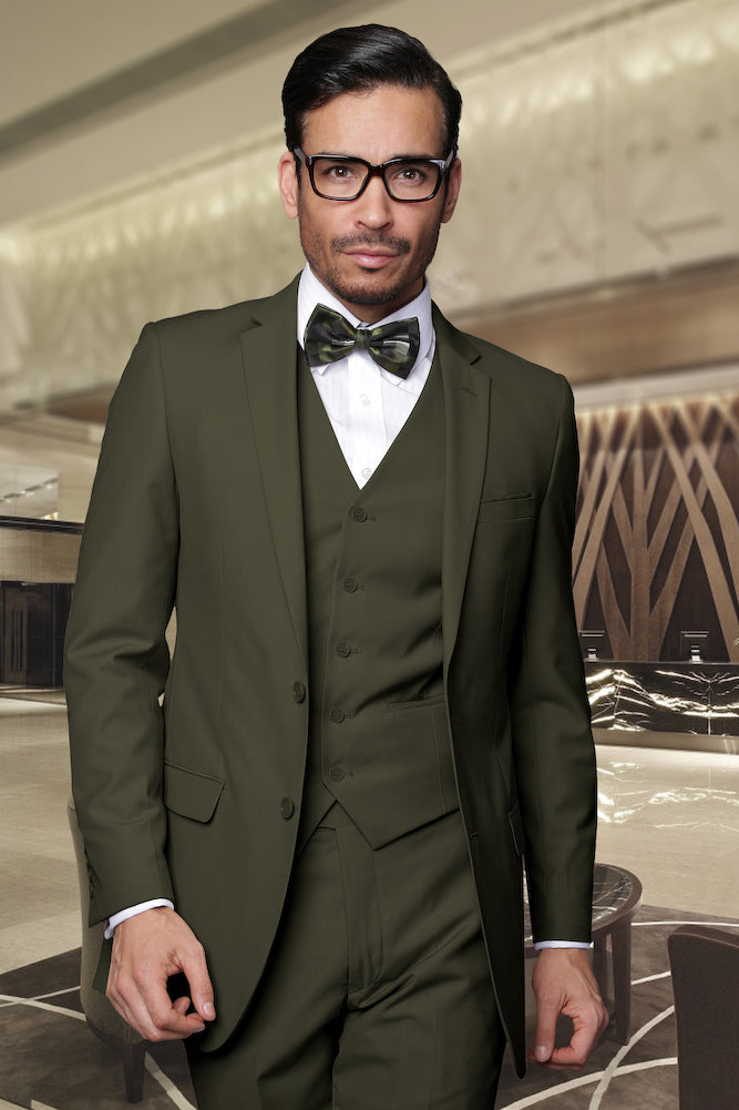 Luxe Three Piece Olive Textured Formal Suit - Rolfe
